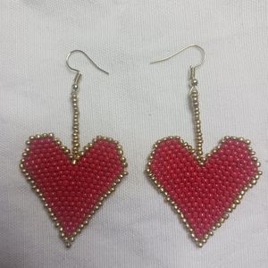 Handmade beaded seed Valentine's day earrings, red and gold